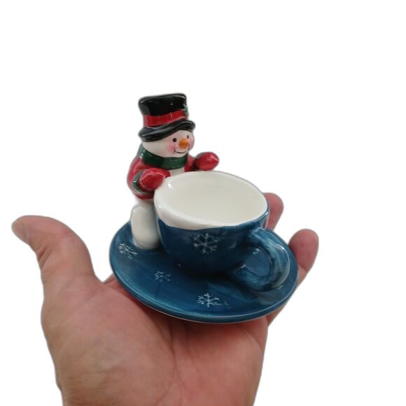 Christmas Ornament Snowman and Teacup Tealight Ceramic Candle Holder Decor - Picture 2 of 9
